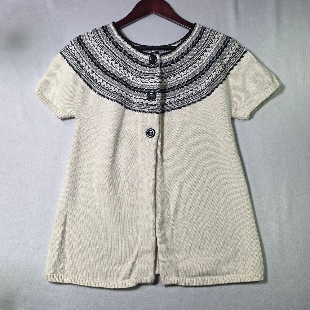 Charter Club Womens Ivory Fair Isle Short Sleeve Cardigan Sweater Metallic M